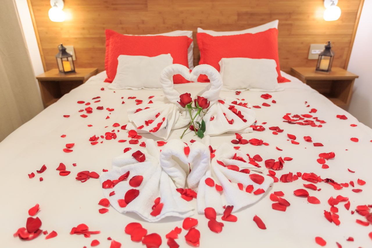 Elegant hotel bedroom decorated with red rose petals and towel swans, perfect for honeymoon or romantic getaway.